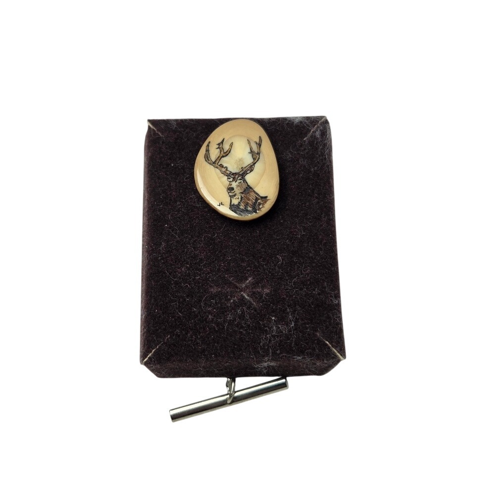 Handmade Scrimshaw Tie Tac Mens OS Cream Fossil Walrus Ivory Stag Deer Hunting